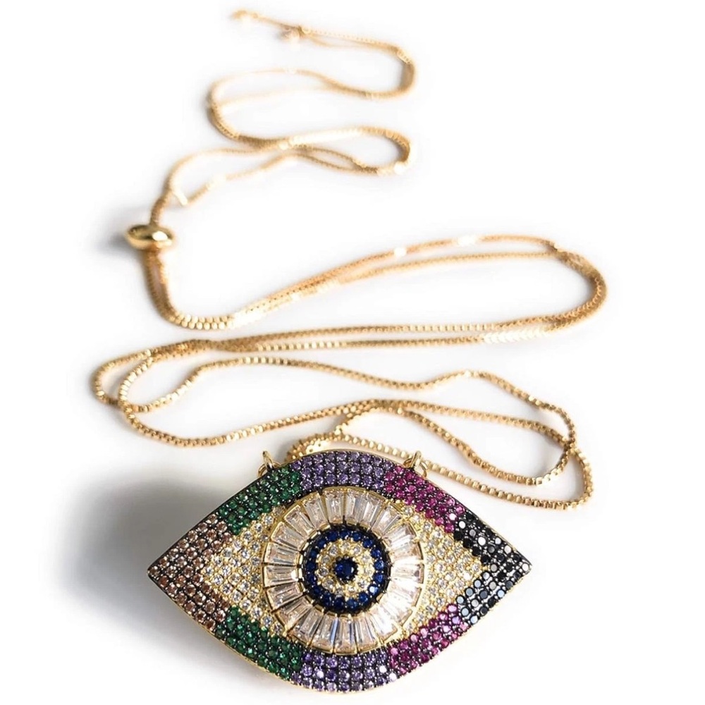 Gold Tone Lariat Necklace Big Evil Eye Pendant Adjustable Versatile Chain